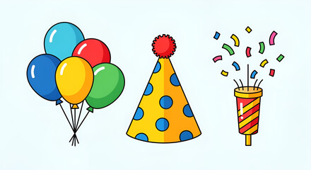 Celebrate birthday party with balloons party hat and confetti for event decoration and party supplies
