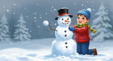 Obraz premium Illustration of a boy building a snowman in a snowy winter scene