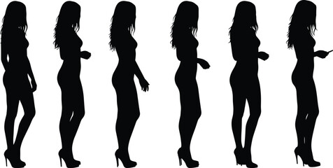 Female silhouette set, fashion poses, high heels, elegant figures, vector icons, stylish design, editable graphics, isolated women, black artwork
