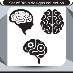 Monochrome Set of Brain Design Collection Depicting Human Intelligence and Cognitive Functionality with Symbolic Representations