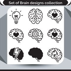 Diverse Brain Designs Collection Representing Ideas, Love, Mechanics, Power, Creativity, and Neurology in a Modern Icon Set
