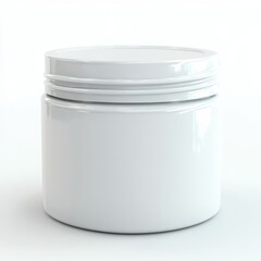 Empty white cosmetic jar with lid.