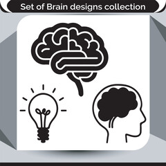 Brain Design Collection Graphic Set with Lightbulb for Ideas and Human Head Profile with Mind Symbolism