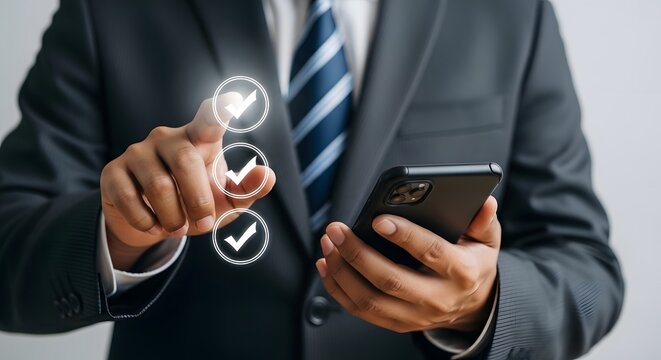 Businessman using mobile app for task management and checklist productivity concept