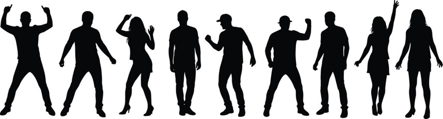 Silhouette group of diverse people standing, posing in various expressive gestures, black figures on white background, isolated minimalist concept