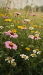 Fototapeta premium Vibrant field of wildflowers in shades of pink, white. Flowers in full bloom, scattered across field, creating lively backdrop. Thin white line divides field, abundance of flowers on left, subtle