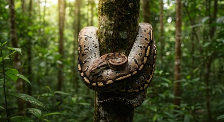 A reticulated python coils around a tree in the middle of an Indonesian tropical forest.