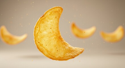 Flying crescent moon shaped potato chips