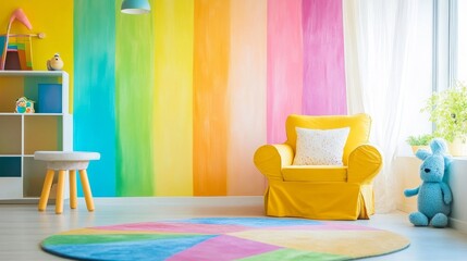 Vibrant children s room featuring colorful rainbow walls and cozy yellow armchair