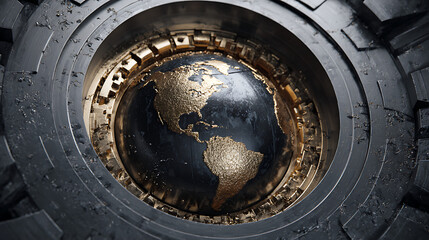 Metallic globe with golden continents encased in industrial machinery earth