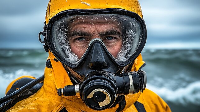 Close-up portrait of a diver in a yellow diving suit and scuba mask.