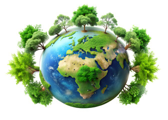 Planet earth with green trees growing around it, symbolizing nature and environmental care isolated on transparent background