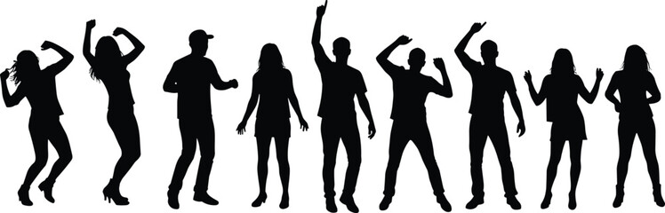 Silhouette of people dancing, celebrating, posing in energetic style, isolated black figures, expressive group on white background, modern concept