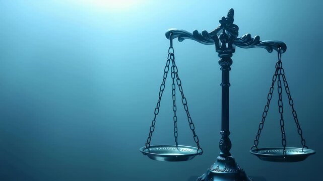 Detailed, stylized, ornate set scales is balanced against blue background. scales symbolize legal system, justice, fairness, impartial judgment, suitable for legal themes.