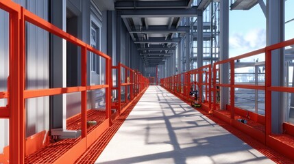 A modern construction site showcasing a vibrant red walkway with shadows under a clear blue sky