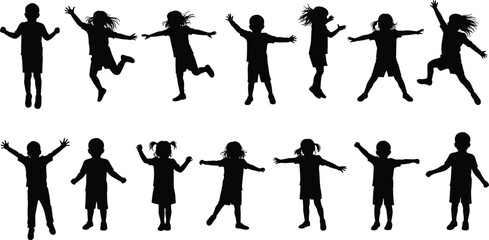 Silhouette of happy children jumping, playing, dancing, isolated kids group on white background, joyful childhood moment, active kids silhouette collection, black outline children clipart