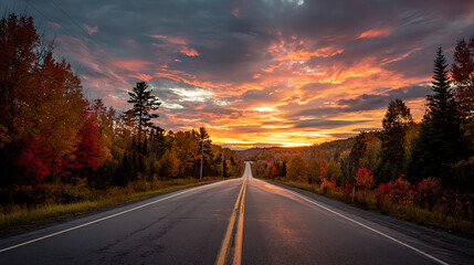 Open road leading through autumn forest under dramatic sunset sky highway fall