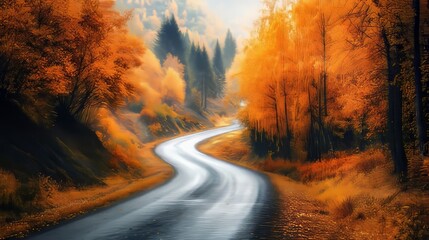 Obraz premium Scenic autumn road winding through a breathtaking mountain forest landscape with vibrant foliage