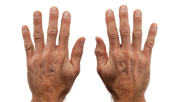 Two hands with visible skin texture isolated on transparent background for design use