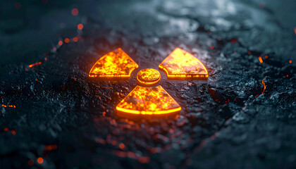 Glowing radioactive sign on dark surface. Nuclear escalation, danger.