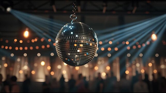 4K video of rotating disco ball with sparkling light reflections in dark party setting