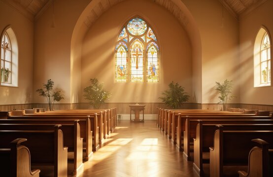 Tranquil church interior with wooden altar, pews, stained glass window. Soft light filters through windows casting colorful pattern on floor. Soothing green walls, dark wood pews create serene
