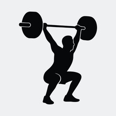 Silhouette weightlifter squatting with barbell athlete in training vector illustration