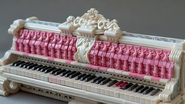 Elegant Baroque-Style Piano with Pink Keys Revealed in a Slow, Dynamic Camera Pull-Back Shot.