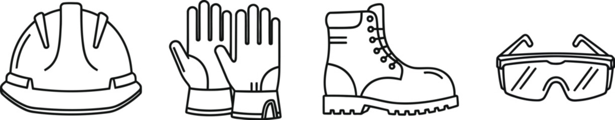 Vector art of essential safety gear featuring a helmet, gloves, boots, and eyeglasses, , providing protection for construction and industrial work environments