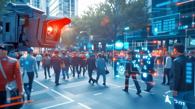 Security camera with digital interface scanning city street. Wireframe human head representing AI technology. Blurred pedestrians walking in urban environment with technological overlay. - Powered by Adobe