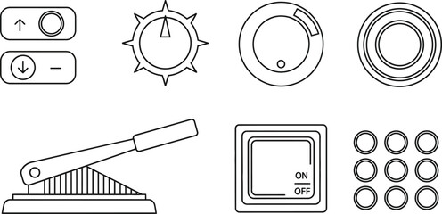 vector icon sheet of  control panel elements showcasing buttons, switches, dials, and levers, representing various machine and device interfaces