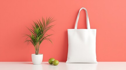 Image of white canvas tote bag mockup with plant and apples against a coral background, perfect for design and branding