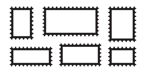 Blank postage stamps borders vector set. Mockup postage stamps with shadow. Realistic trendy post stamps set. Vector illustration.