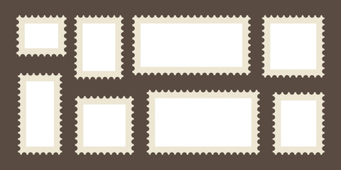 Postage stamp borders set vector. Blank Postage Stamps on gray background. Postage Stamps in flat design.