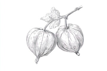 Detailed pencil sketch of two physalis fruits with leaves and stem