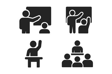 Classroom teaching solid glyph icons set. Education and learning pictograms. Teacher at blackboard, student raising hand to ask a question, lecturer at podium with audience.