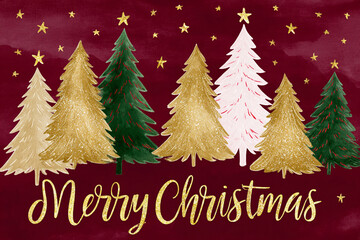 A vibrant Christmas card showcases various decorated trees against a rich burgundy background, celebrating the holiday spirit with a joyful message