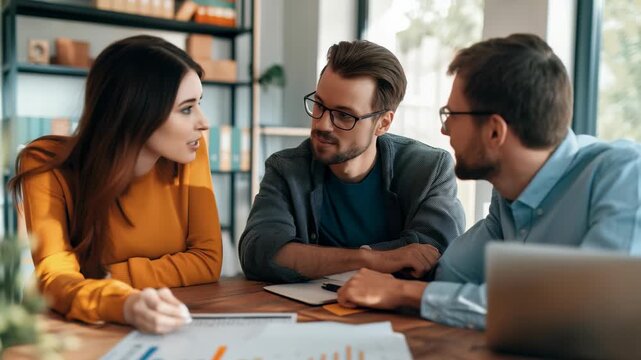 Three smiling colleagues, two men, one woman, collaborate on project at wooden desk with laptop, charts. team creates positive, cooperative work environment.