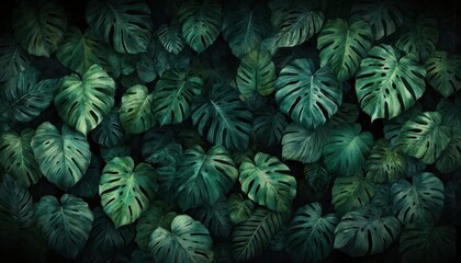 Fototapeta premium Tropical plants in harmonious circular pattern with large green leaves. Dark gray background contrasts with rich green plants. Vibrant green leaves create sense of depth, dimension. Large leaves