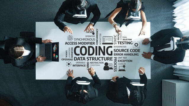 Collaborative Coding Session with Diverse Individuals Around a Table Focusing on Data Structures, Testing, and Error Handling in Modern Software Development. Amity