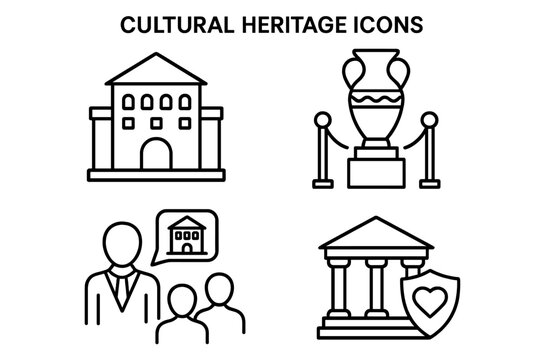 Cultural heritage vector line icon set. Concepts for historic building preservation, museum artifact exhibit, and guided tour. Landmark and culture protection symbols.