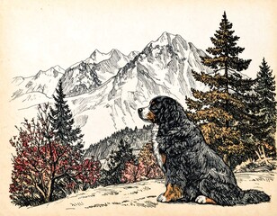 Dog gazing at snow-capped mountains in a forest