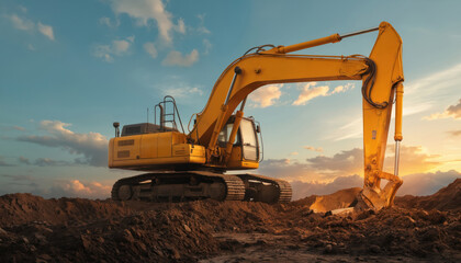 Obraz premium Large yellow excavator loader machine operates at busy construction site. Heavy machinery works on land excavation project. Big loader with shovel moves earth on construction site with dusty