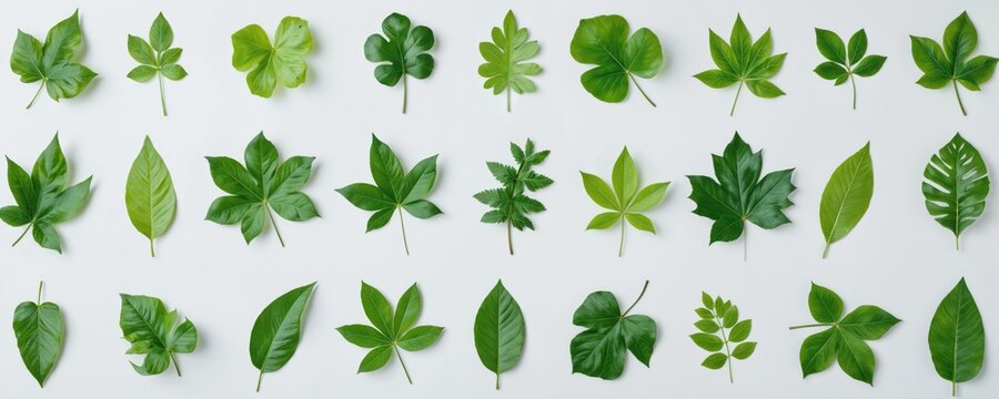 Green leaf cutouts in various shapes, sizes on white background. Leaves oriented in different directions creating dynamic textured effect. Depth, dimension added to composition with leaves facing