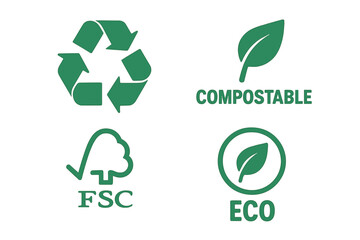 Eco friendly icon set with recycle symbol, compostable logo, FSC badge. Green vector labels for sustainable packaging. Ecology and environment conservation signs.
