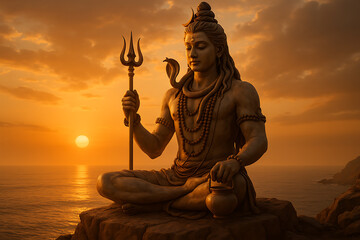 A majestic statue of lord shiva meditating on a rock by the ocean at sunset, holding his trishula in a powerful and serene pose.