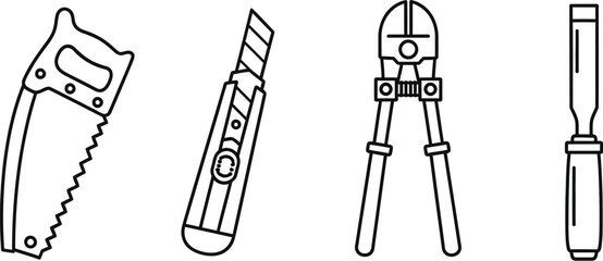 Vector Icon sheet of  a hand saw, utility knife, bolt cutter, and chisel, , showcasing various manual cutting and shaping tools