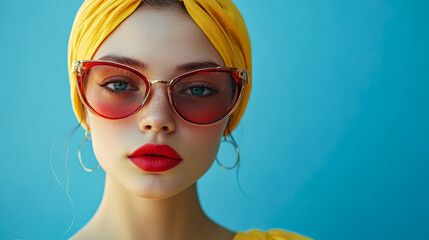 Stylish woman with a yellow headscarf and bold red lips poses confidently against a vibrant blue background, showcasing a modern fashion aesthetic and a striking color contrast