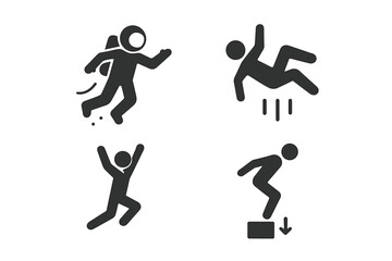 Gravity solid icons set. Glyph pictograms of human interaction with gravity. Floating astronaut in space, person falling, jumping athlete. Physics concept vector illustrations.
