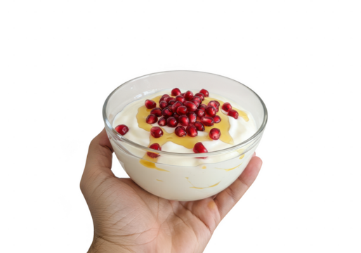 Hand holding a glass bowl filled with yogurt, pomegranate seeds, and a drizzle of honey topping on transparent background